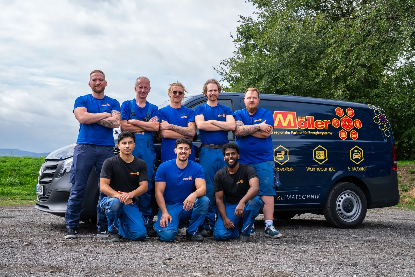 Das SHK-Team von Möller Gebäudetechnik vor einem Firmenfahrzeug